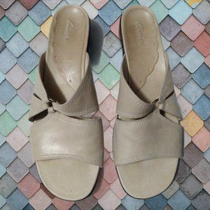 Clarks Sandals Size 12 N Narrow Tan Open Toes Slides Heels Beige Womans Shoes